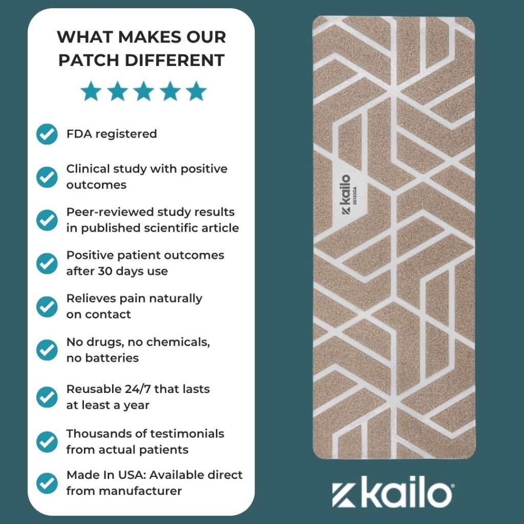 What makes the Kailo 2.0 patch different: a checklist including FDA registered, clinical study with positive outcomes, peer-reviewed study results, no drugs, no chemicals, no batteries, made in the USA