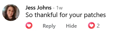 Facebook comment from Jess: So thankful for your patches