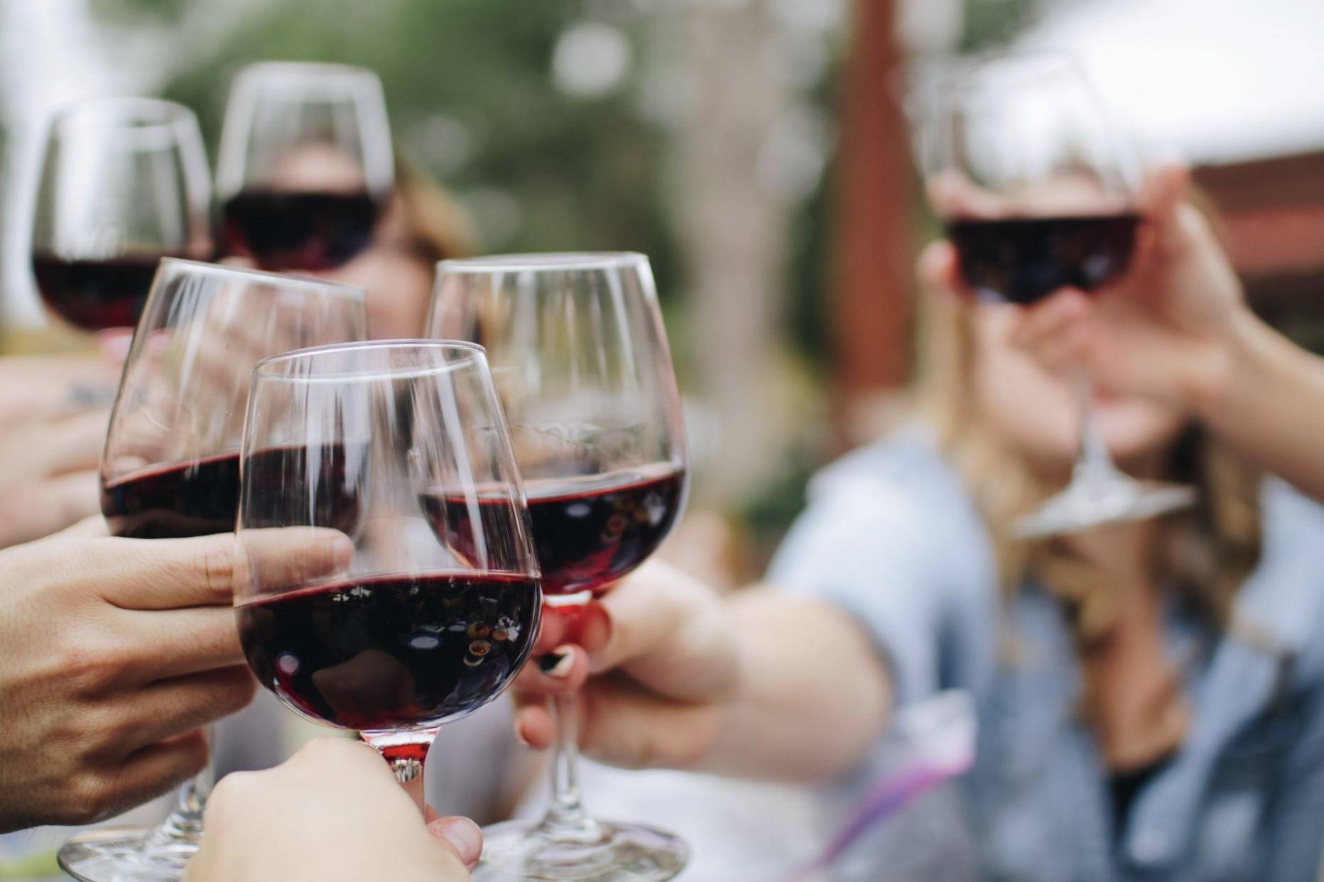 Friends drinking red wine: health benefits of wine.